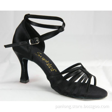 Suphini Black Satin Flexible Multi Strap Latin Dance Shoes